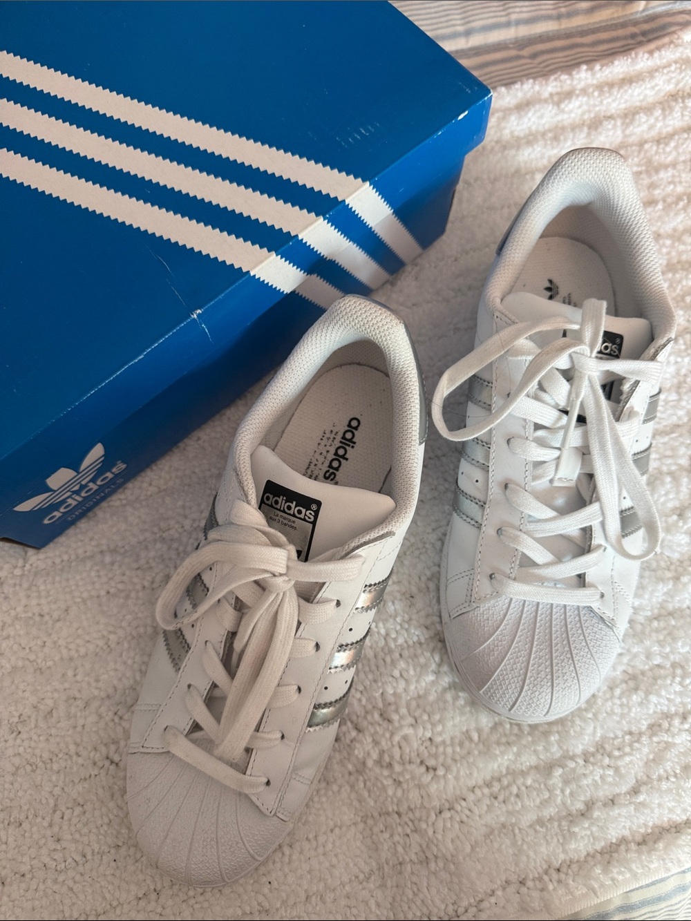 adidas White Superstar Sneakers with Silver Stripes